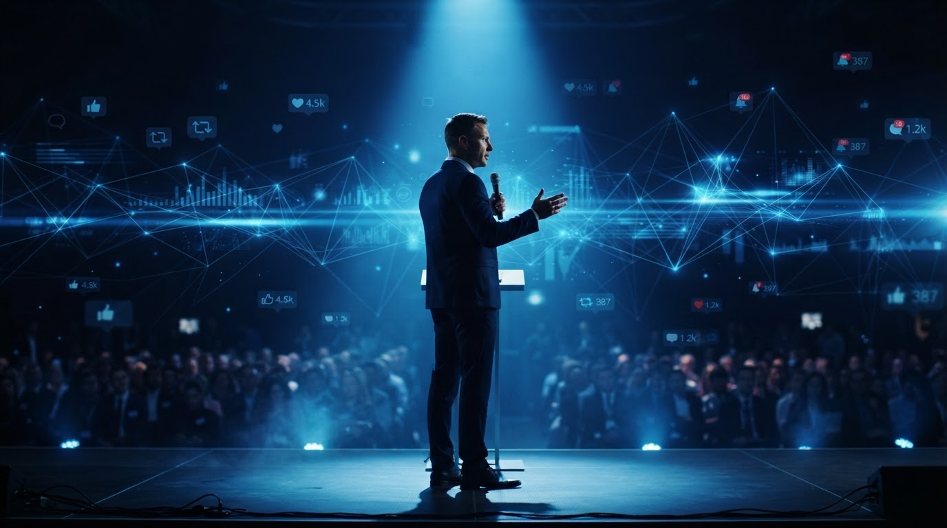 Professional speaker on stage with social media engagement