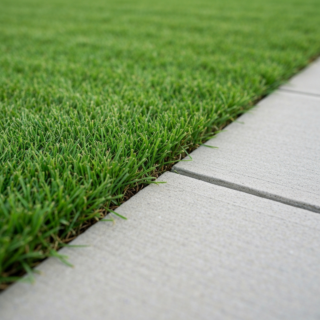 Close up of a perfectly clean sharp edge between a green lawn and driveway