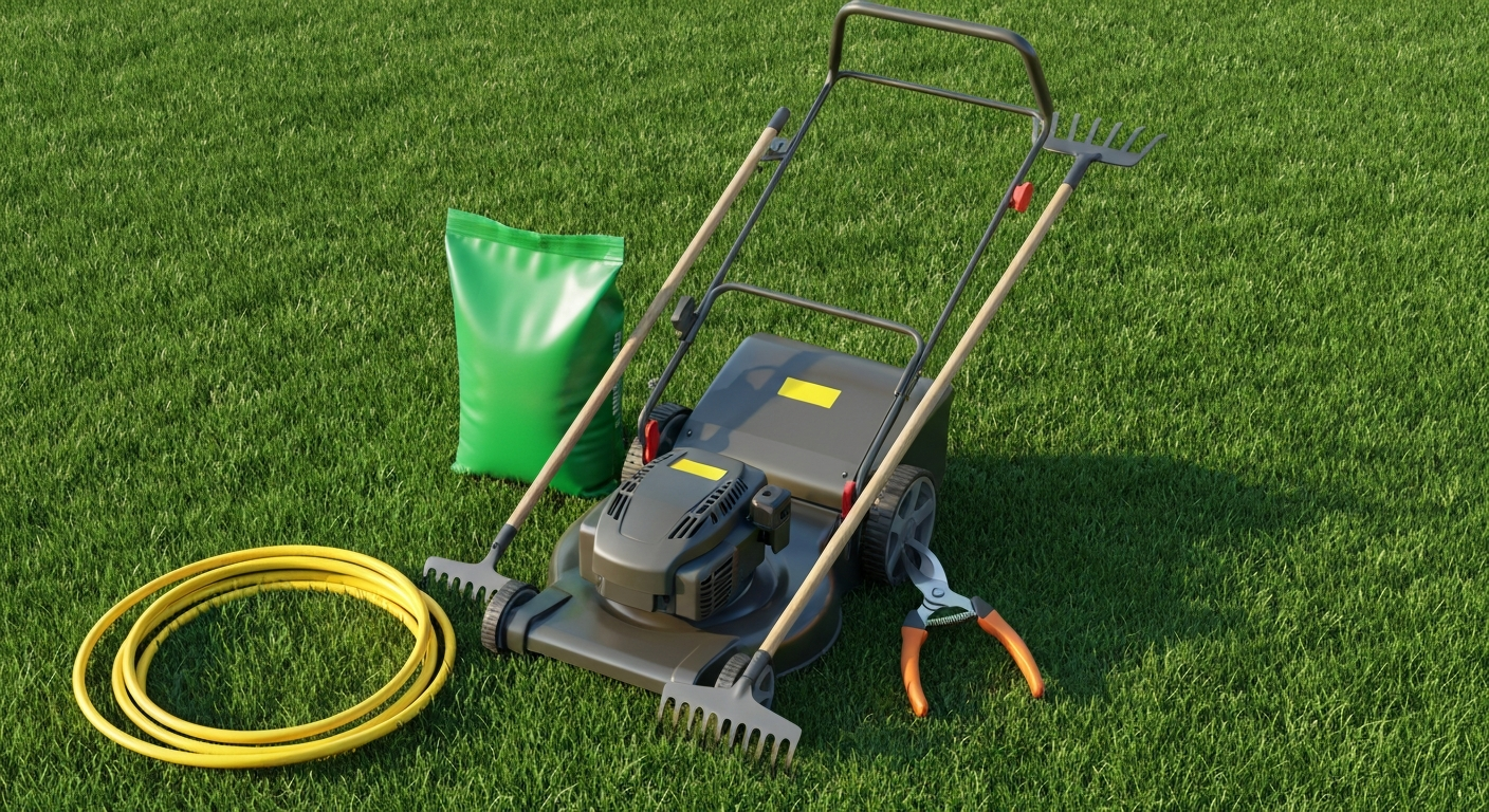 Lawn care tools and fertilizer on grass