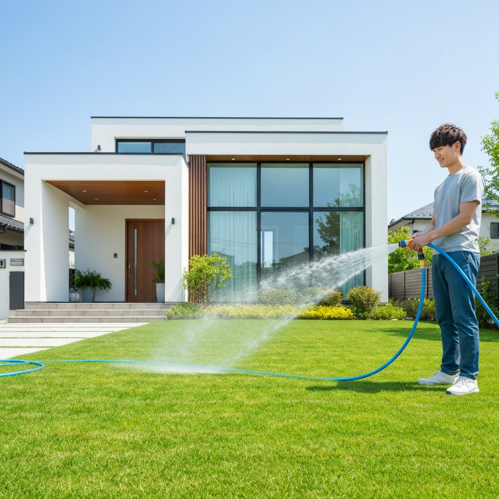 Homeowner watering lawn with a garden hose
