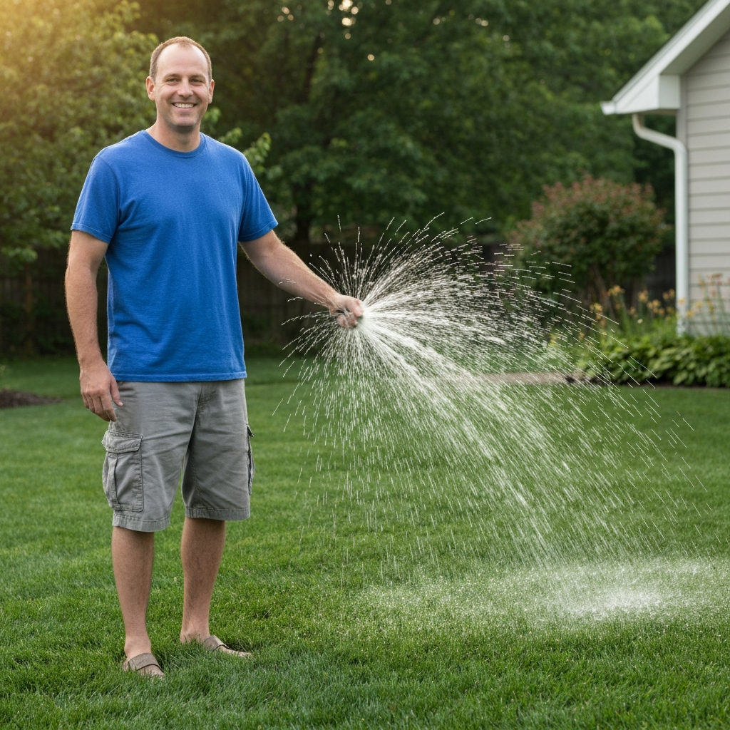 Homeowner proudly admiring their fast-growing dark green lawn