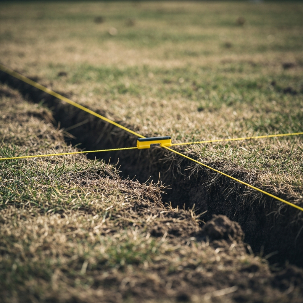 Close up of a level string line stretched across a bumpy lawn