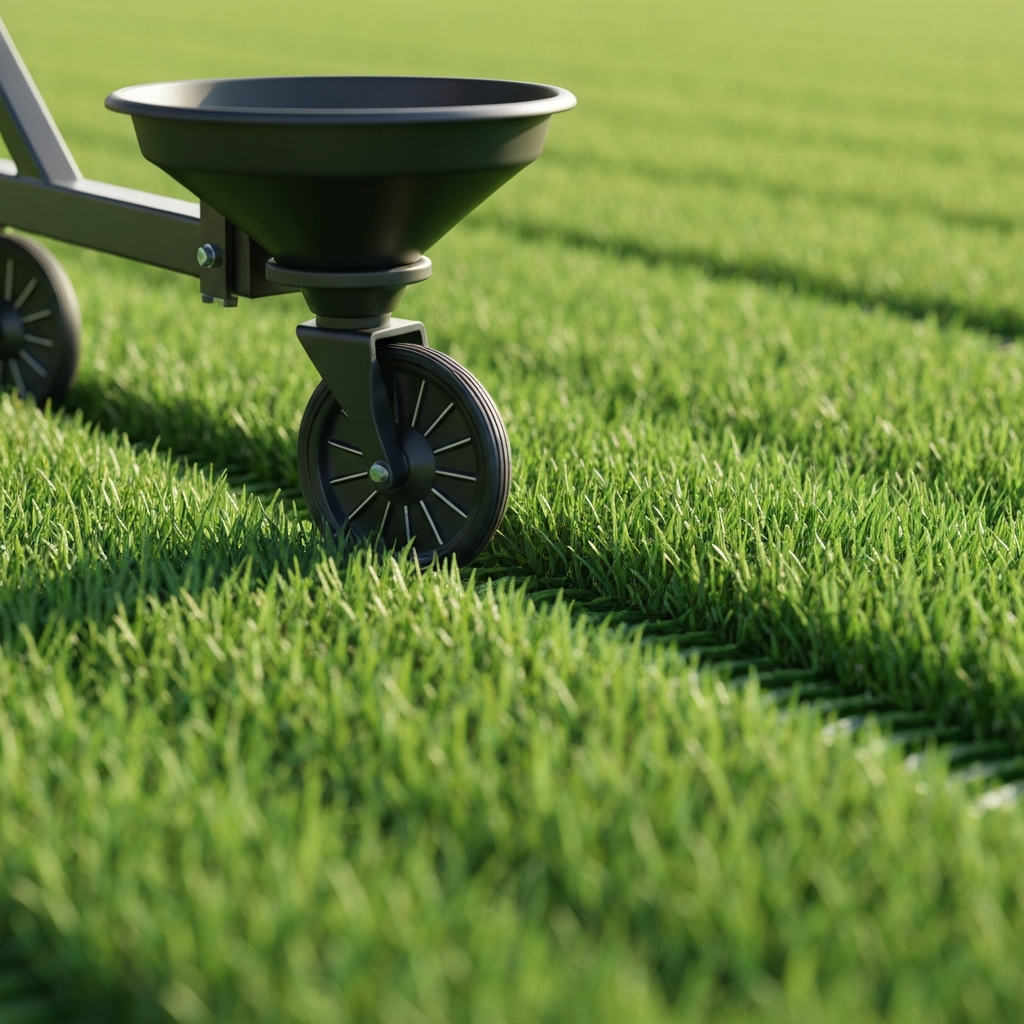 Close up of lawn fertilizer broadcast spreader wheels on green grass