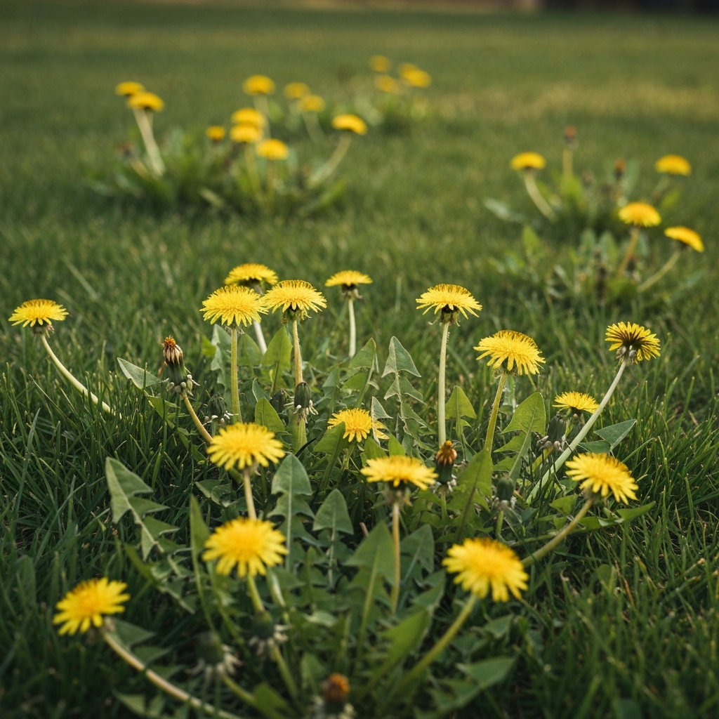 Dandelions and weeds growing in a lawn