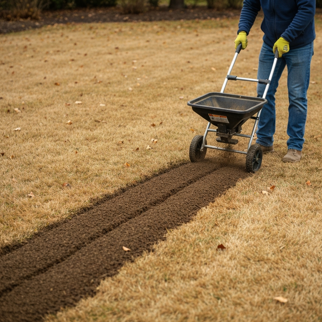 Applying winterizer fertilizer to a dormant brownish lawn in late fall