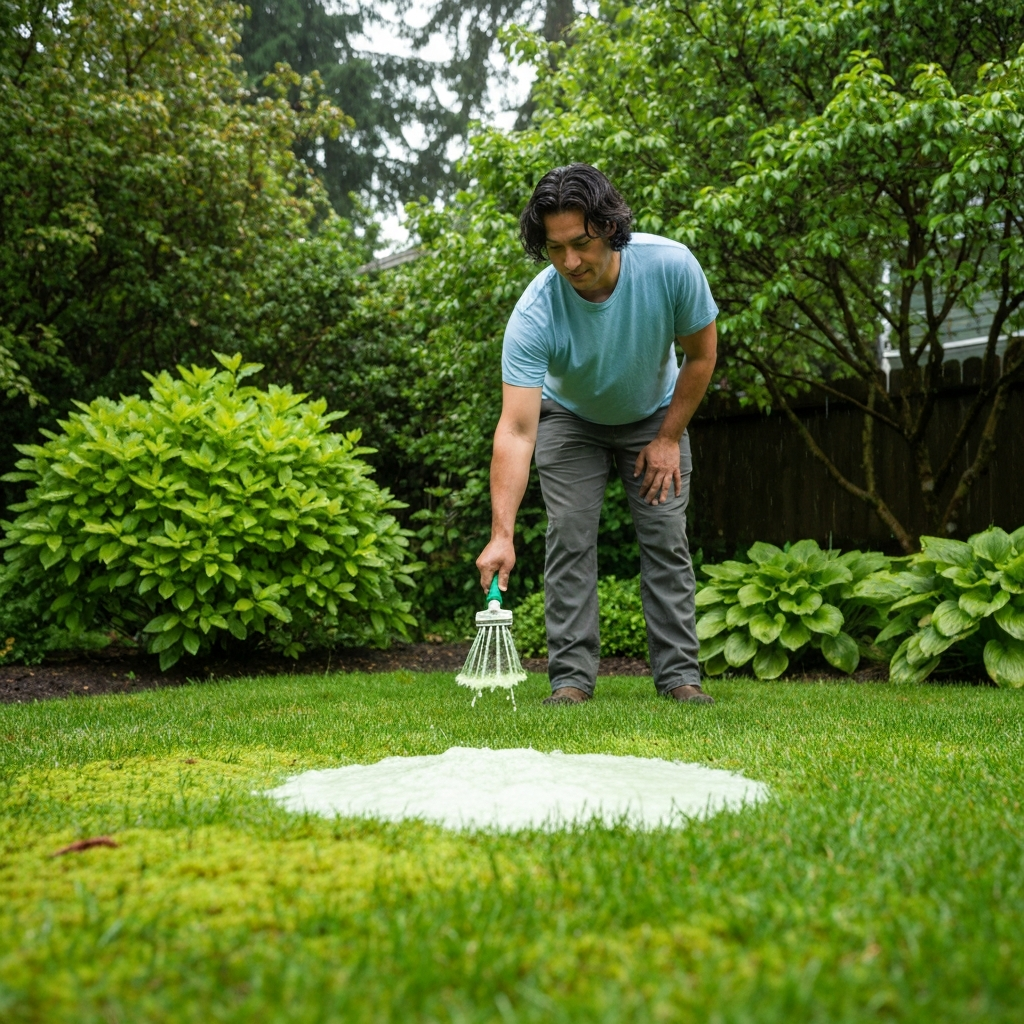 Homeowner applying moss killer to a damp lawn
