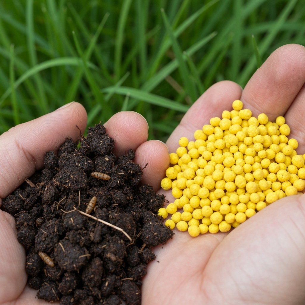 Close up of organic compost and synthetic fertilizer granules