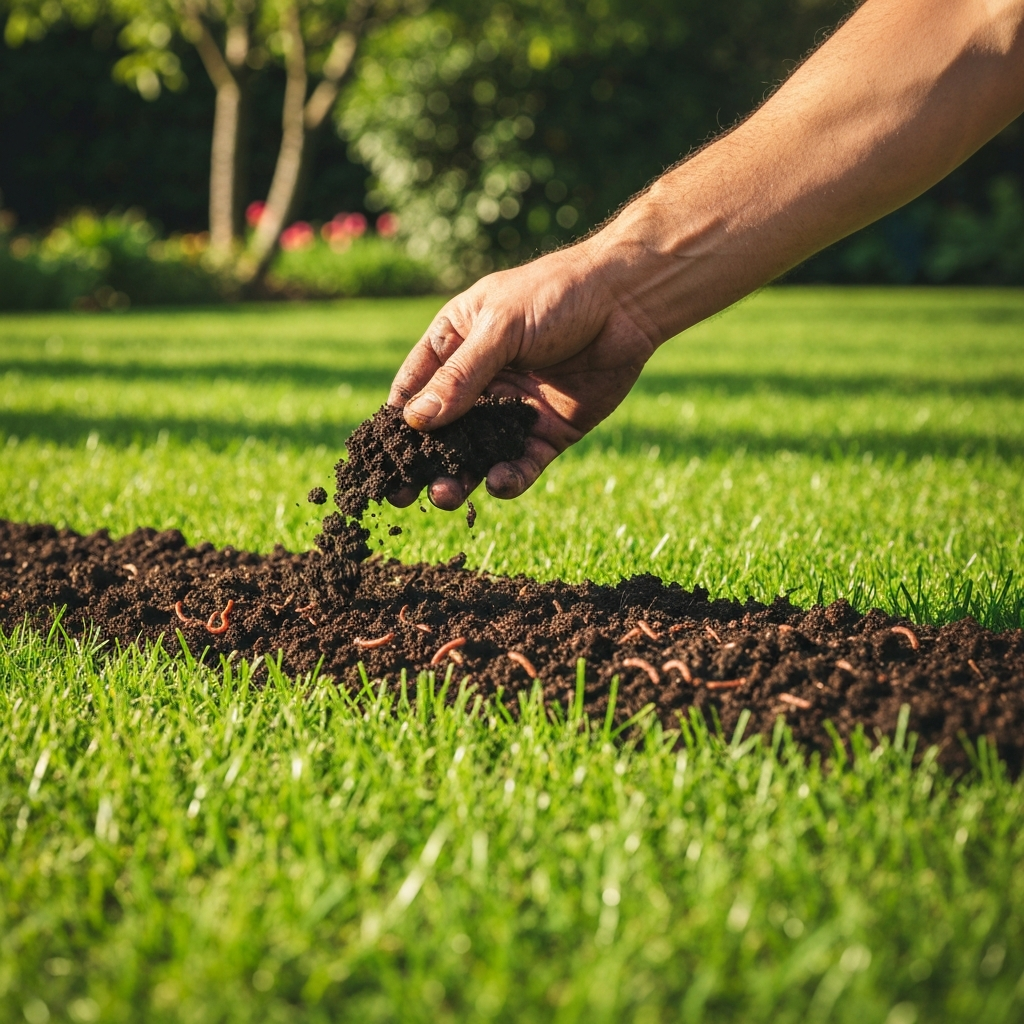 Hand spreading dark organic compost on a green lawn