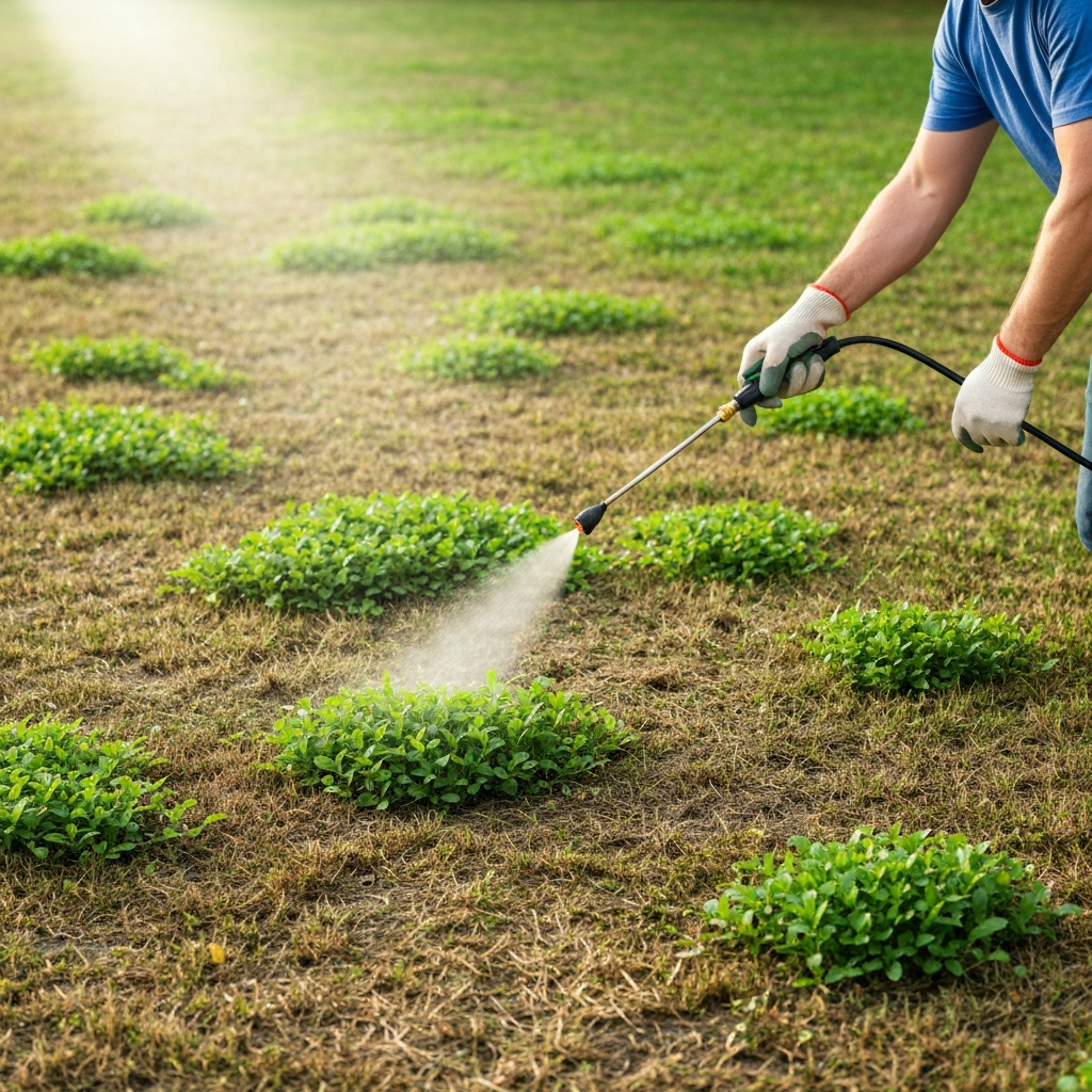 Hand applying weed control spray to a patchy lawn