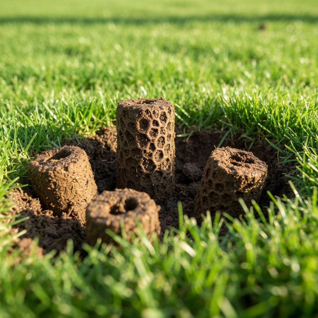 Close up of soil plugs on a healthy green lawn after aeration