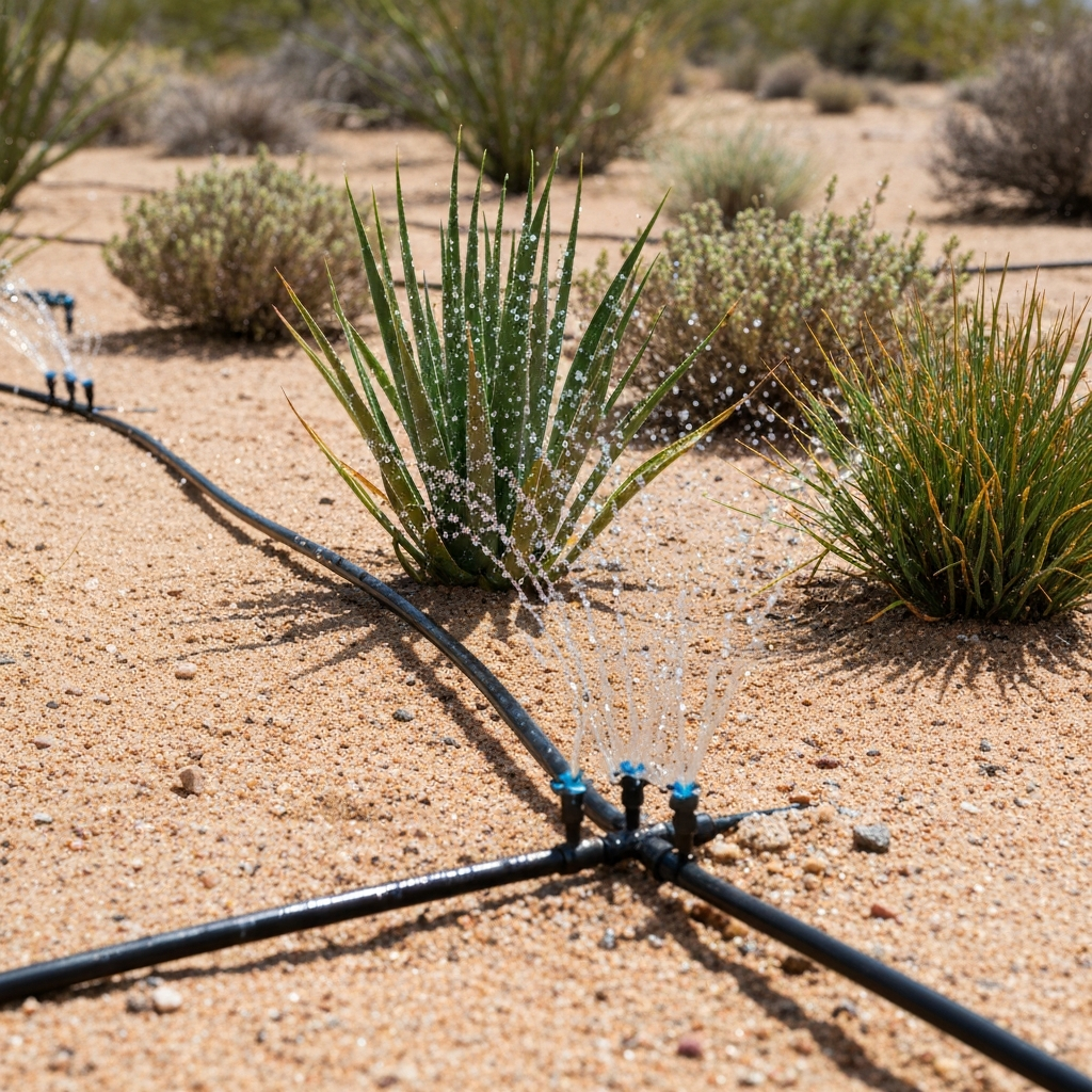 Close up of a drip irrigation system watering plants in a desert landscape