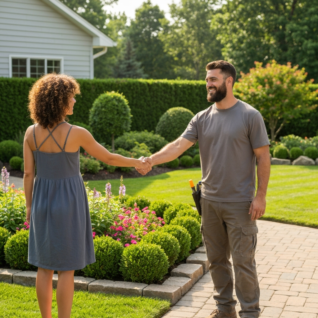 Homeowner shaking hands with a professional landscaper