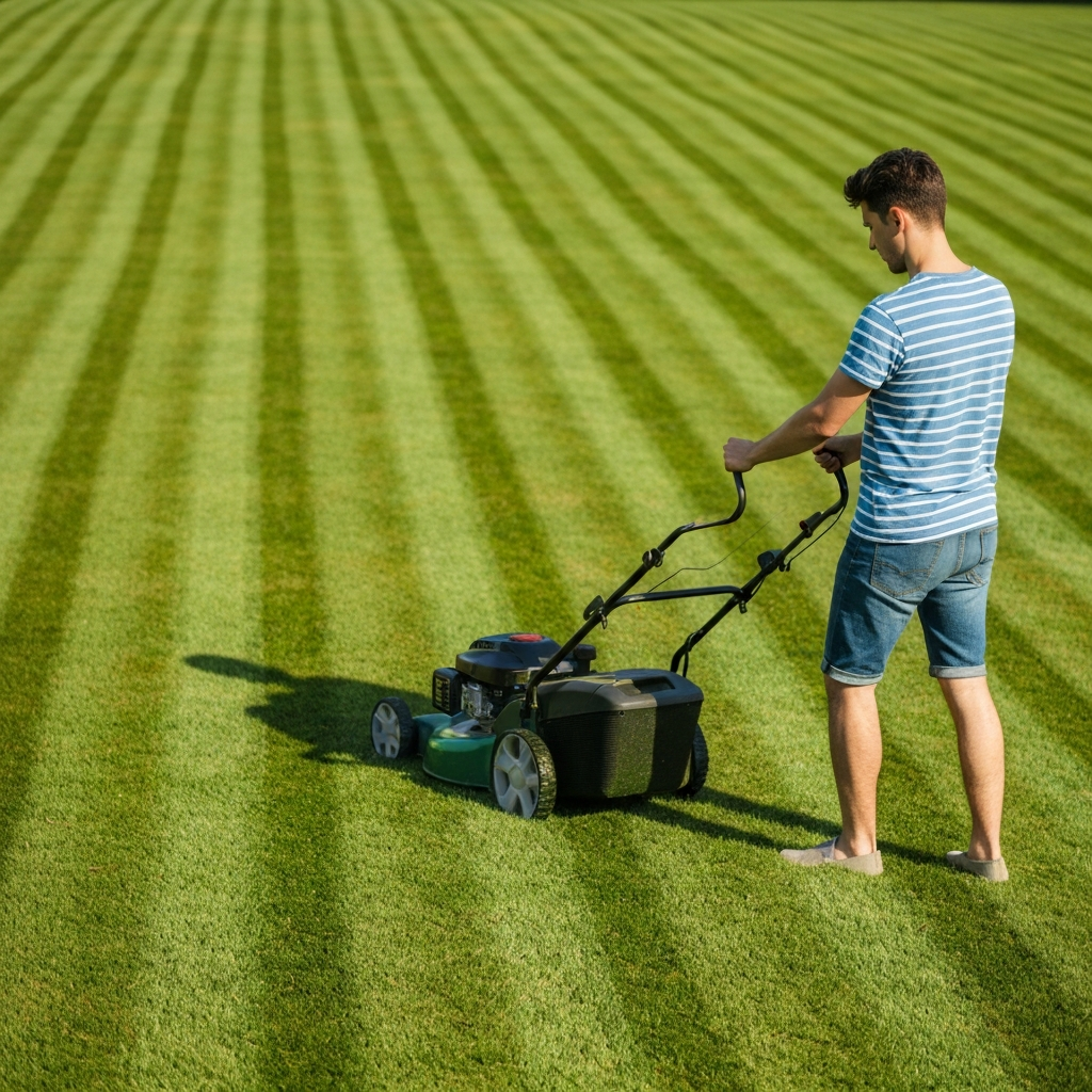 Person mowing a perfectly striped green lawn on a sunny saturday