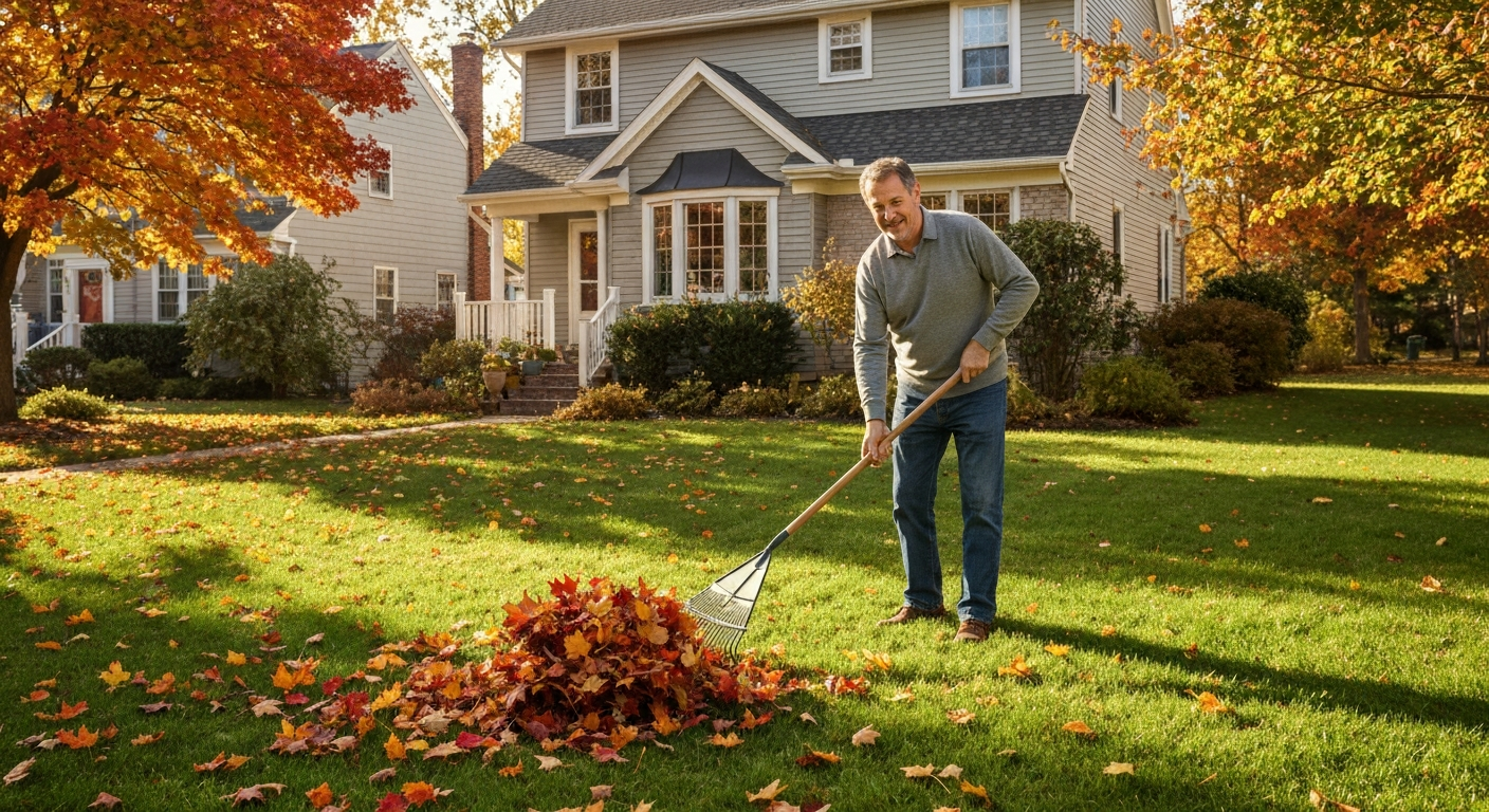 Fall lawn care raking leaves
