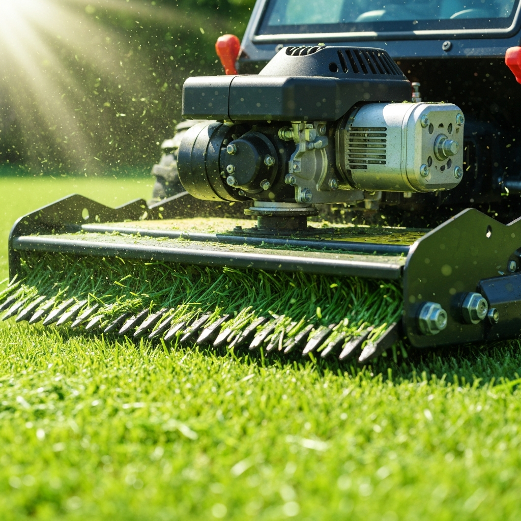 Close up of a lawn mower cutting fresh green grass