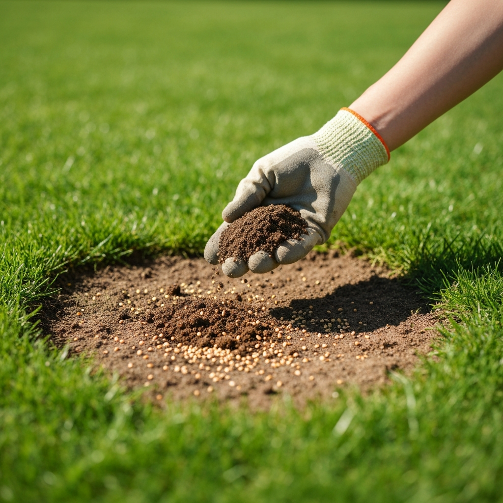 Hand spreading grass seed and topsoil over a bare brown patch