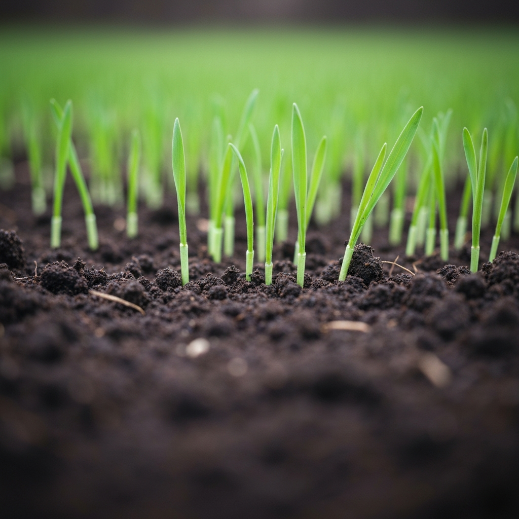 Close up of new green grass shoots growing through dark topsoil
