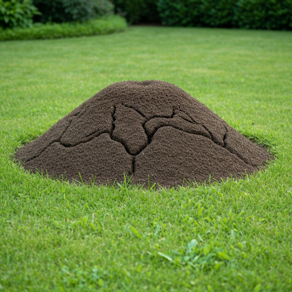 Large ant hill mound in the middle of a green lawn