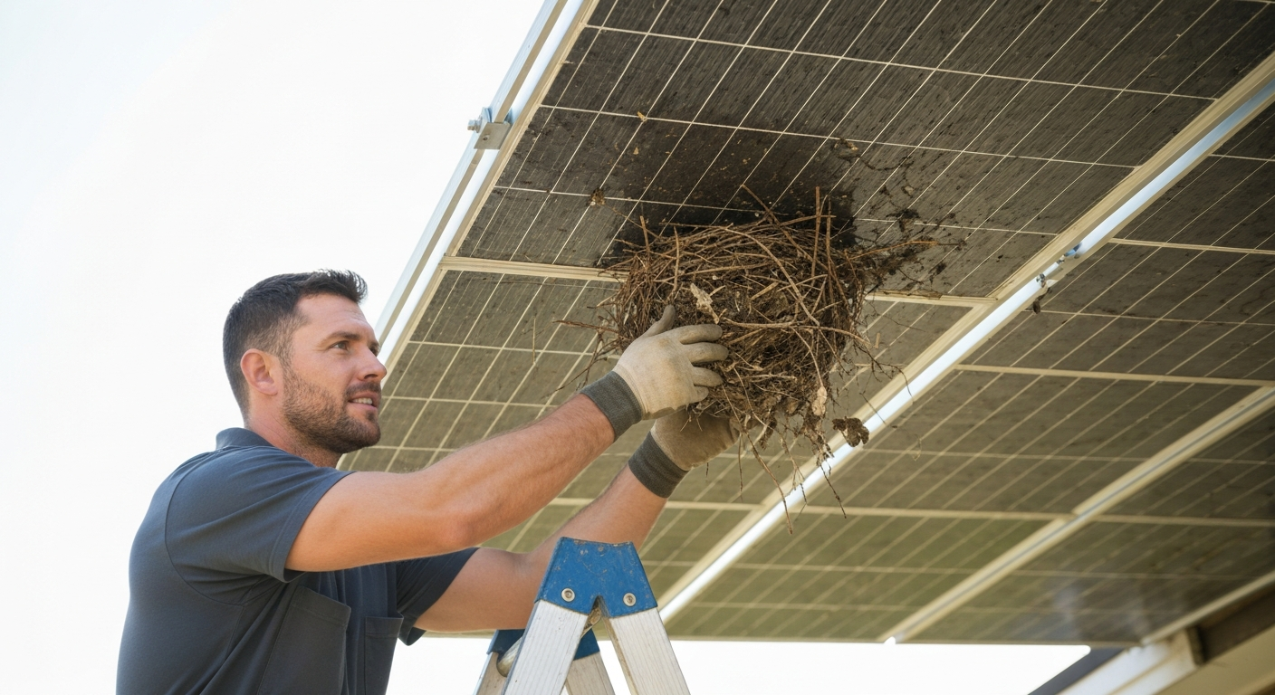 Professional cleaning under solar panels