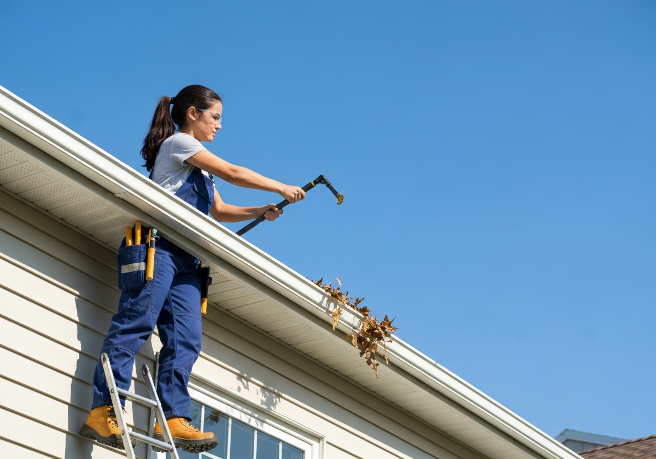 Professional gutter cleaning in progress