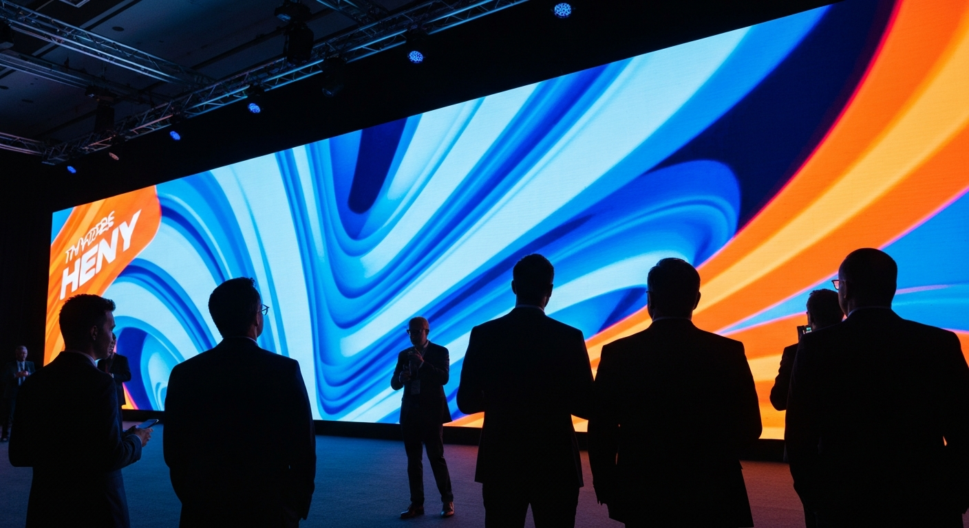 Massive curved LED wall at a corporate event displaying abstract branding