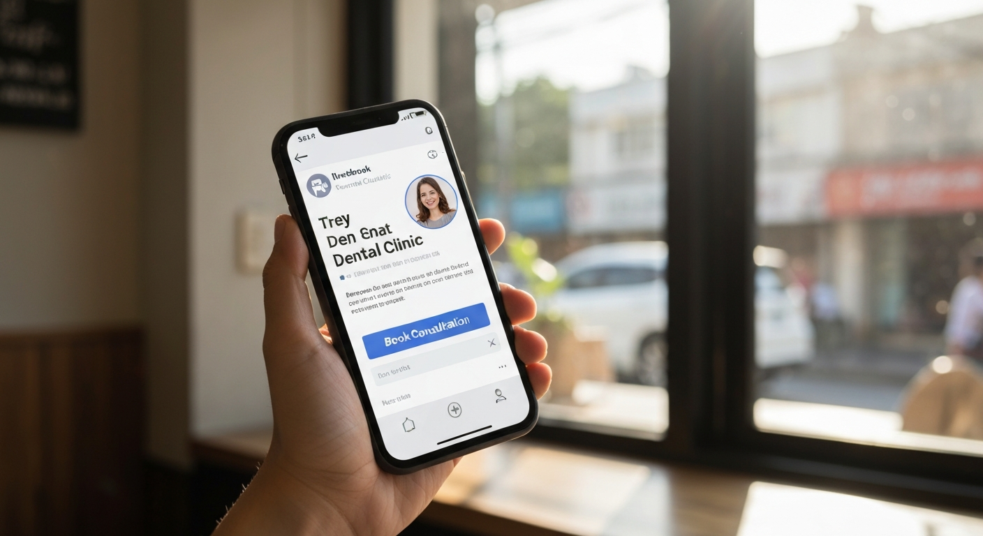 Smartphone showing a clean Facebook ad with a Book Consultation button