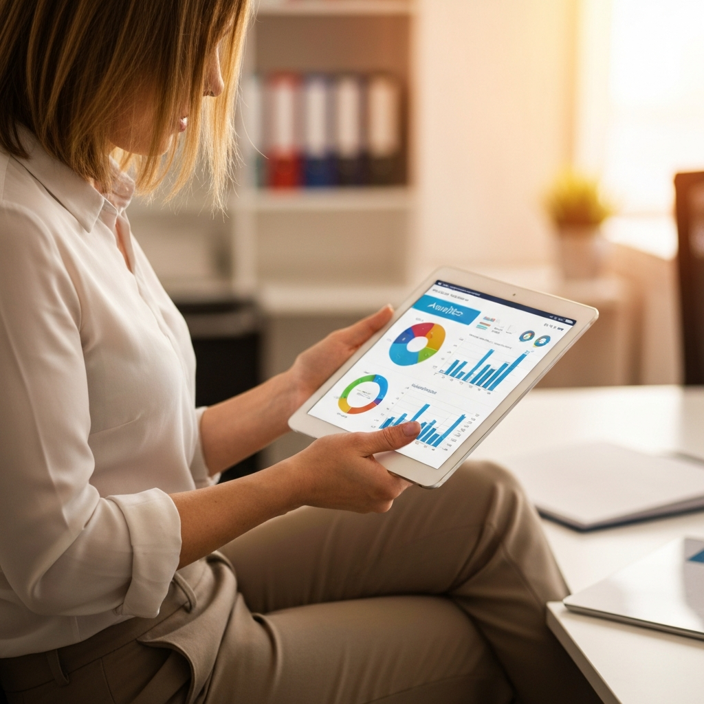 Tablet showing colorful analytics charts