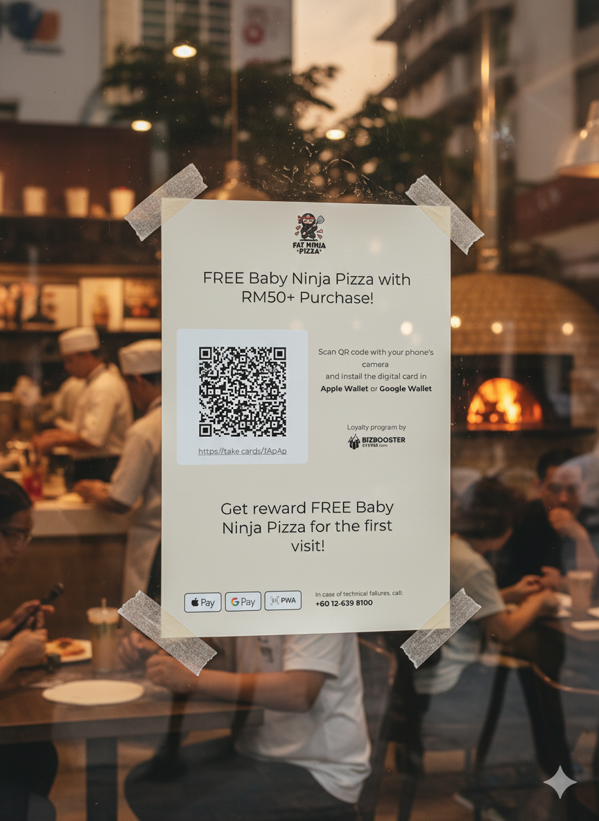 Fat Ninja Pizza coupon card with QR code