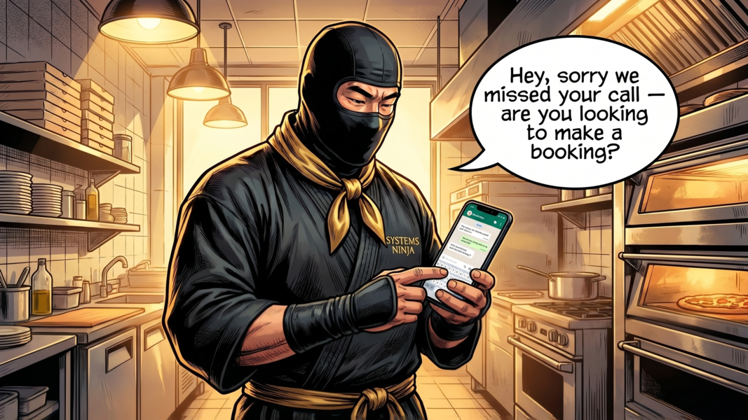 Ninja holding phone with WhatsApp message