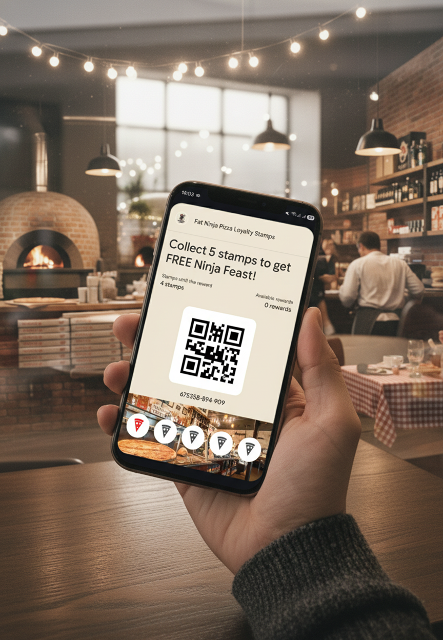 Fat Ninja Pizza loyalty stamp card shown on phone screen