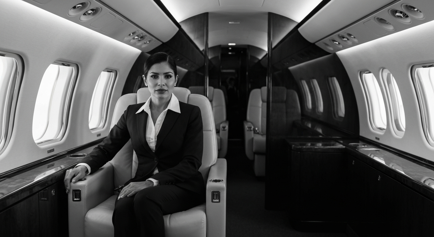 Wealthy Latina female executive in a sleek private jet