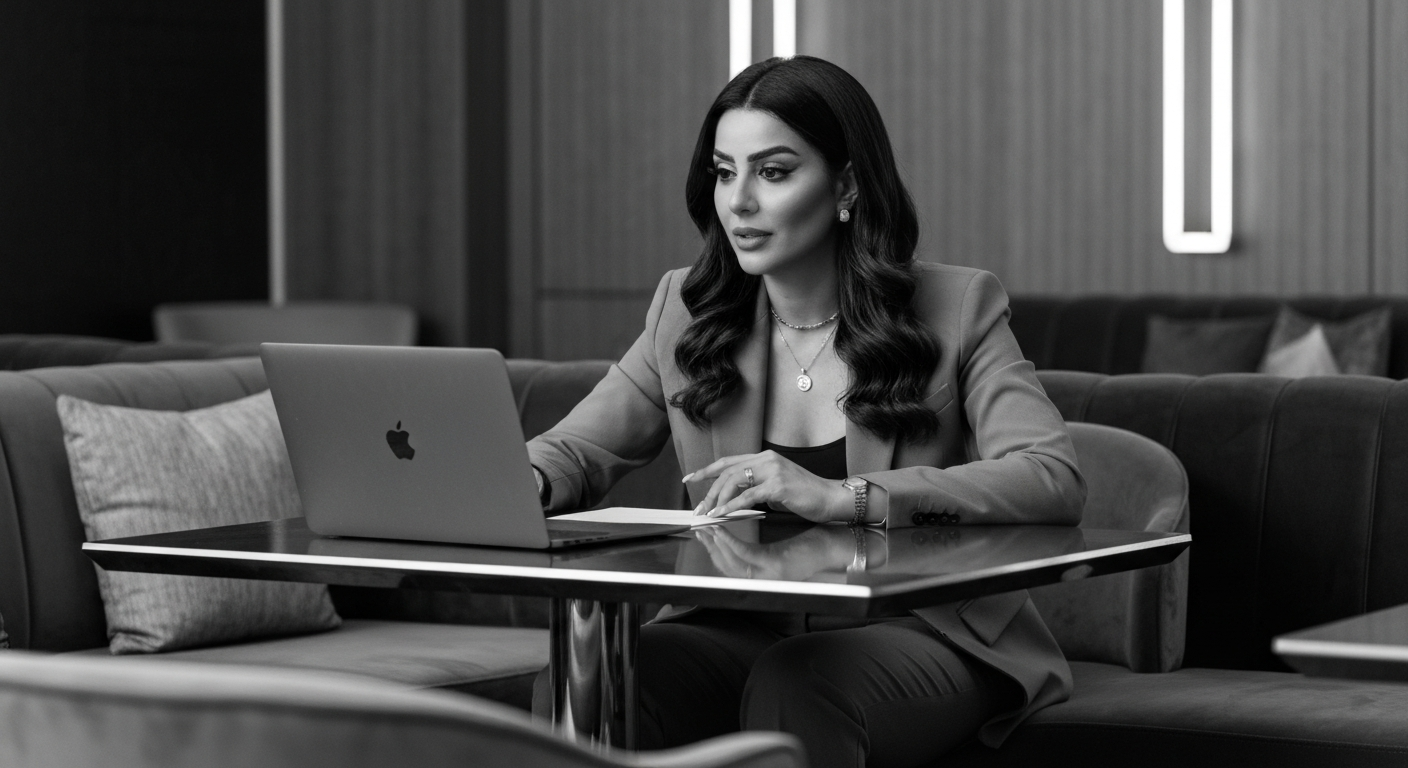 Stylish Middle Eastern female founder working in a luxury lounge