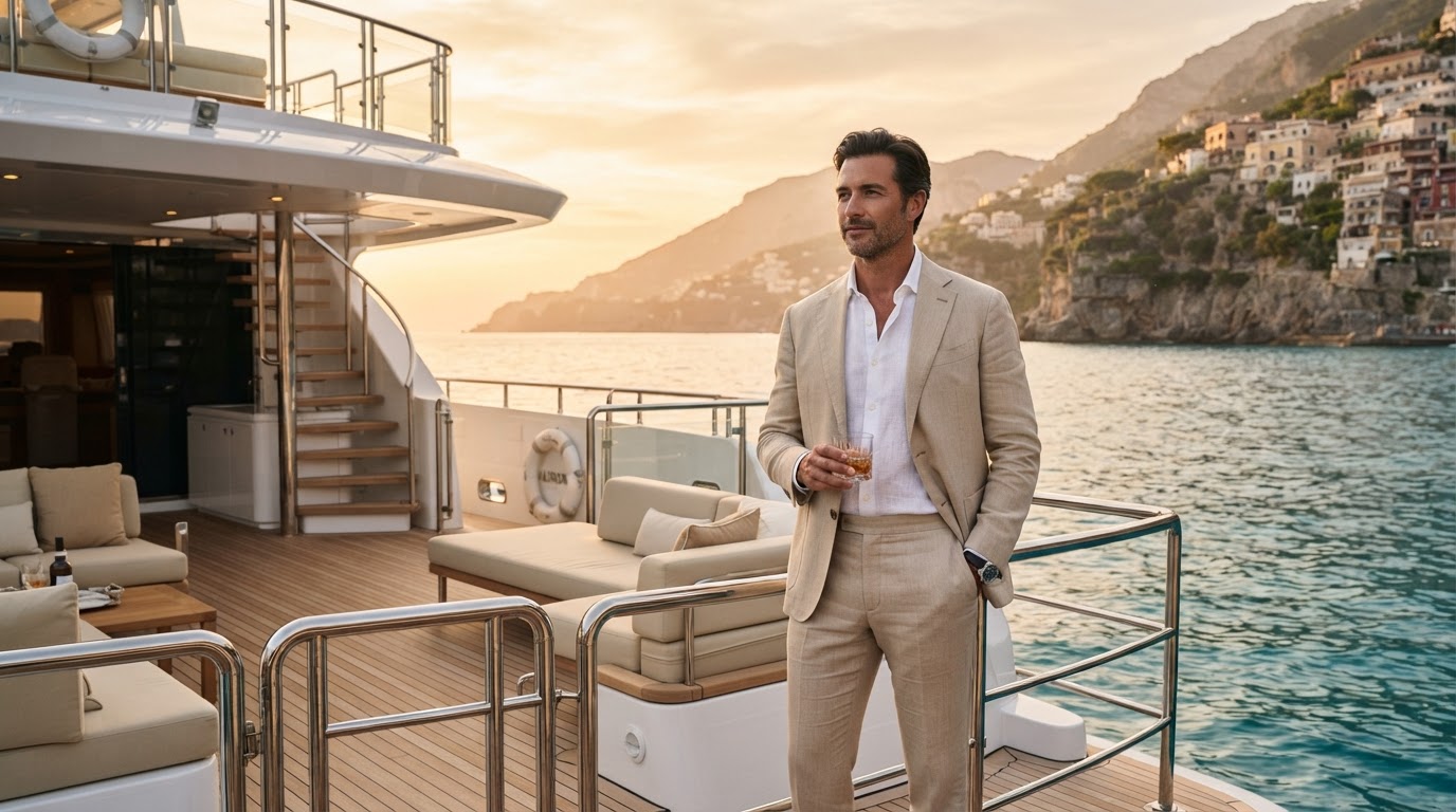 Distinguished advisor on the aft deck of a private superyacht at golden hour, Mediterranean coastline behind