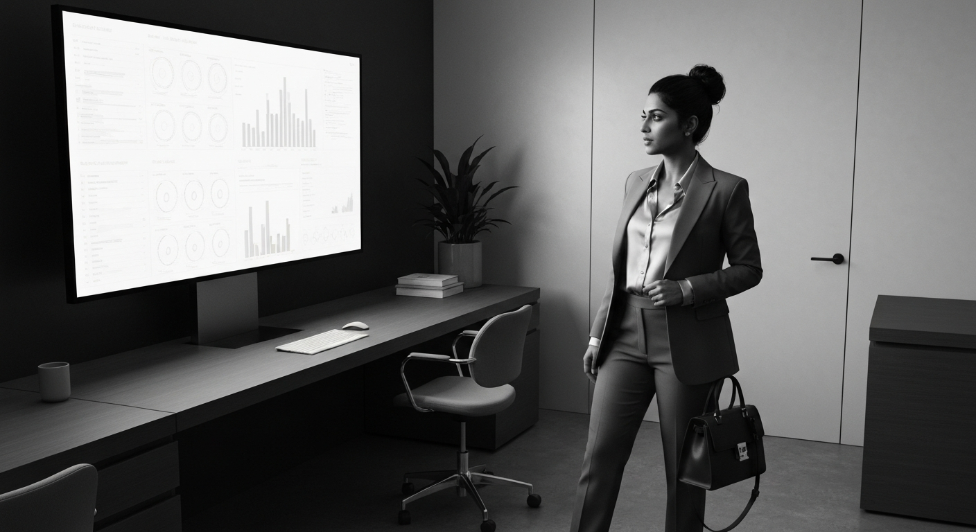 Sophisticated South Asian female founder in a minimalist high-end office