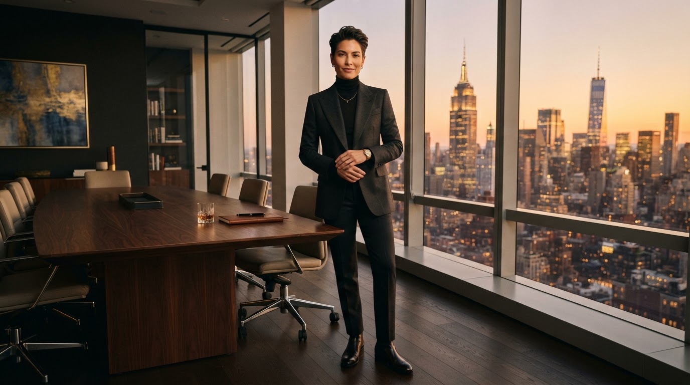 Androgynous, racially ambiguous celebrity expert in a luxury penthouse boardroom overlooking the city skyline at golden hour