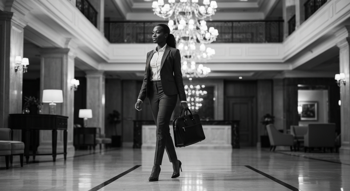 Chic Black female executive walking confidently in a luxury hotel lobby