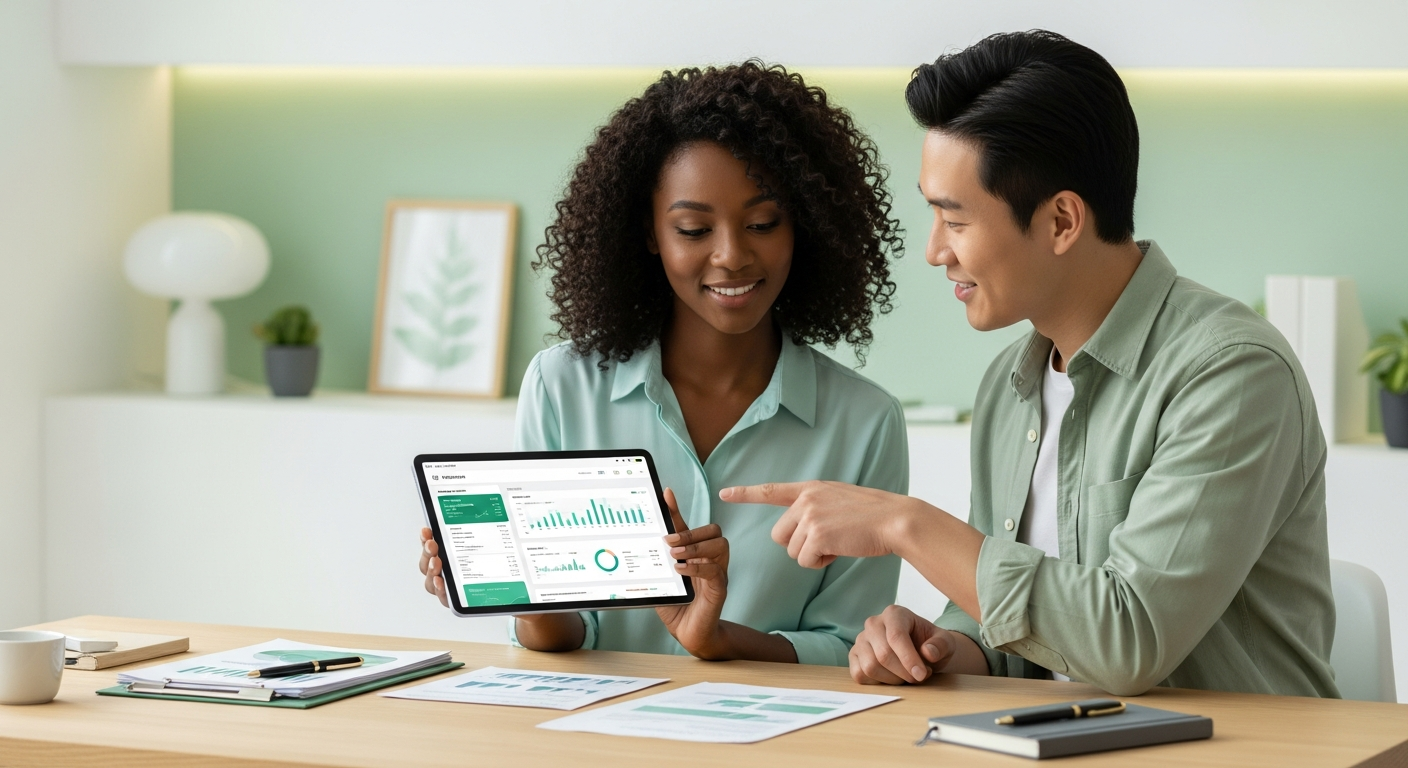 Professional couple reviewing financial information