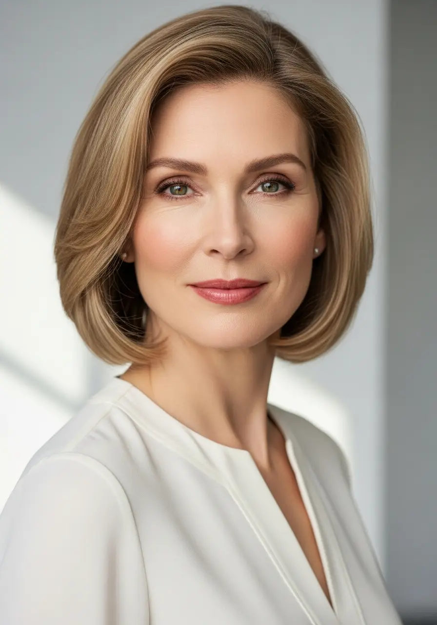 Beautiful mature woman with natural permanent makeup results showing brows and lips