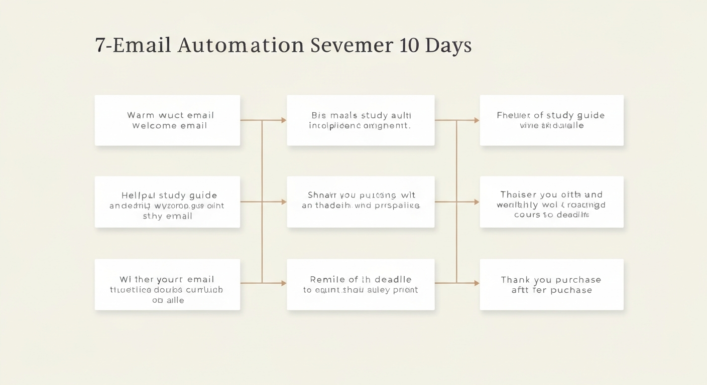 Email automation sequence timeline showing 7 emails over 10 days leading to a course purchase