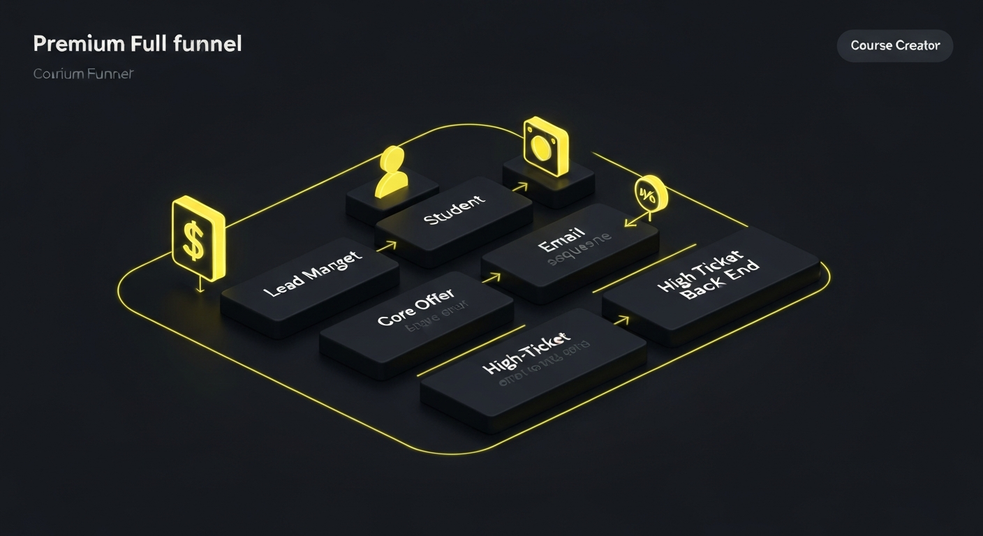 Full funnel diagram for a course creator showing lead magnet, core offer, email sequence, and high-ticket back end