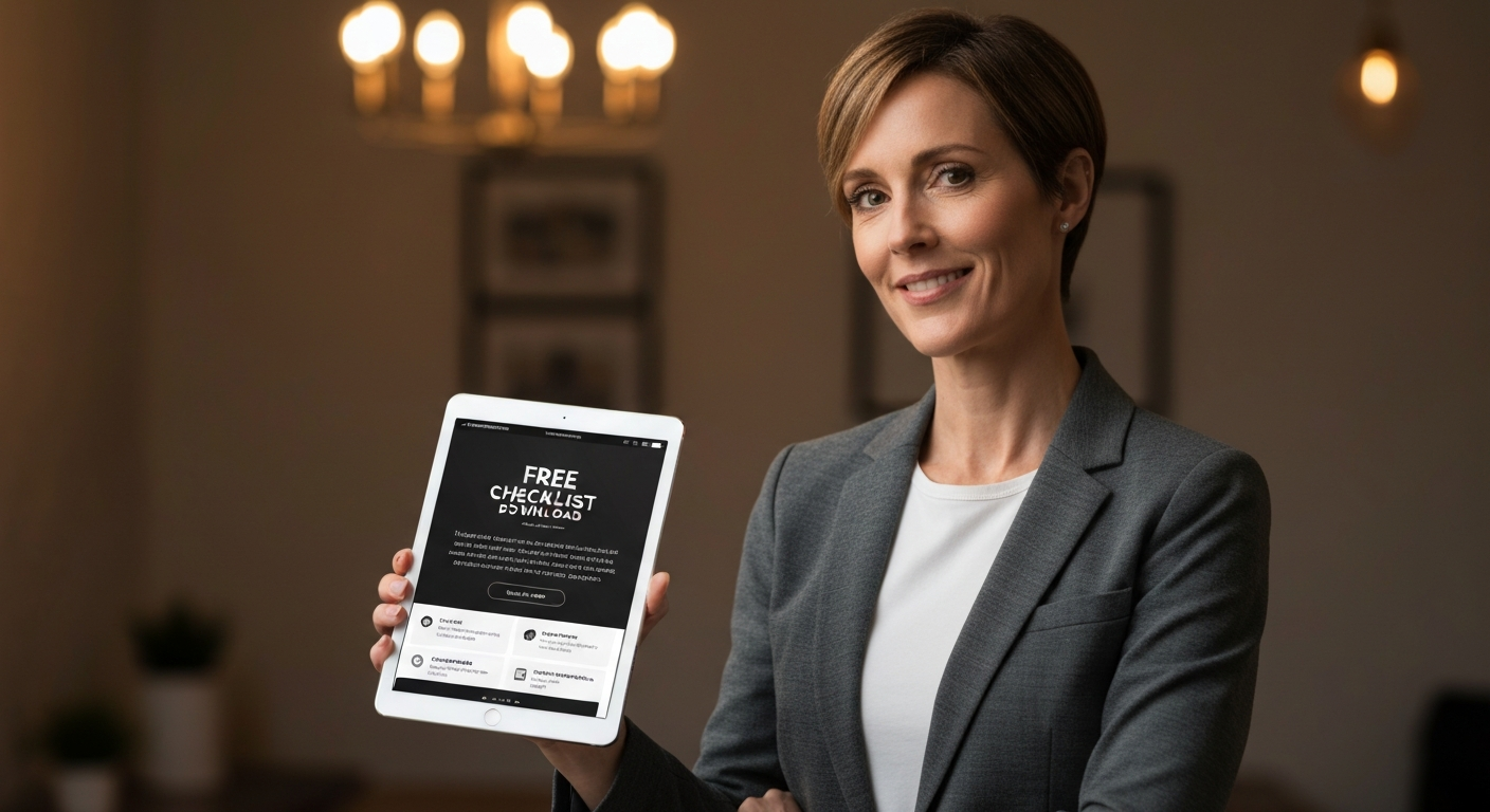 Coach holding a tablet showing a free checklist download page with a high opt-in conversion rate