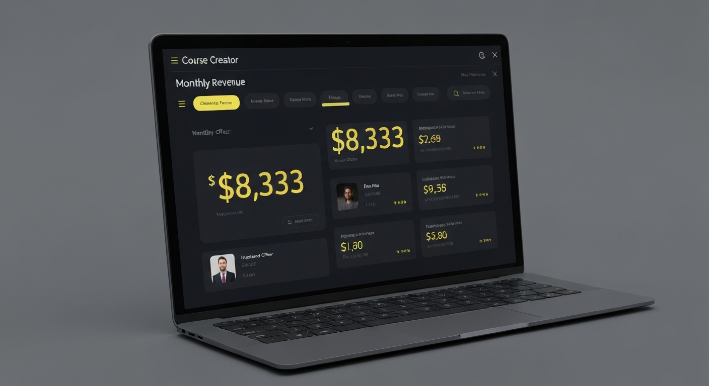 Laptop screen showing a course creator dashboard with monthly revenue hitting $8,333 across multiple offers