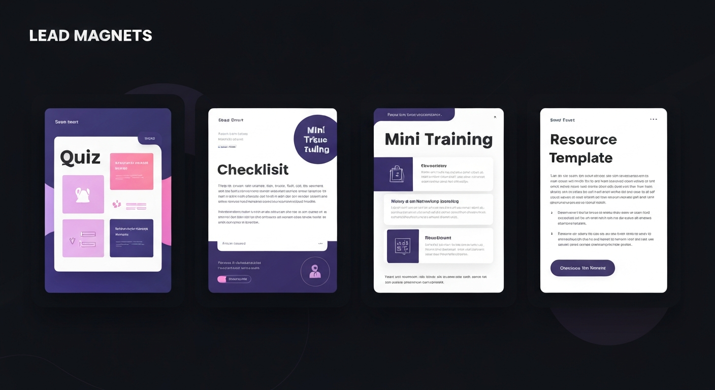 Four types of lead magnets displayed side by side: quiz, checklist, mini training, and resource template