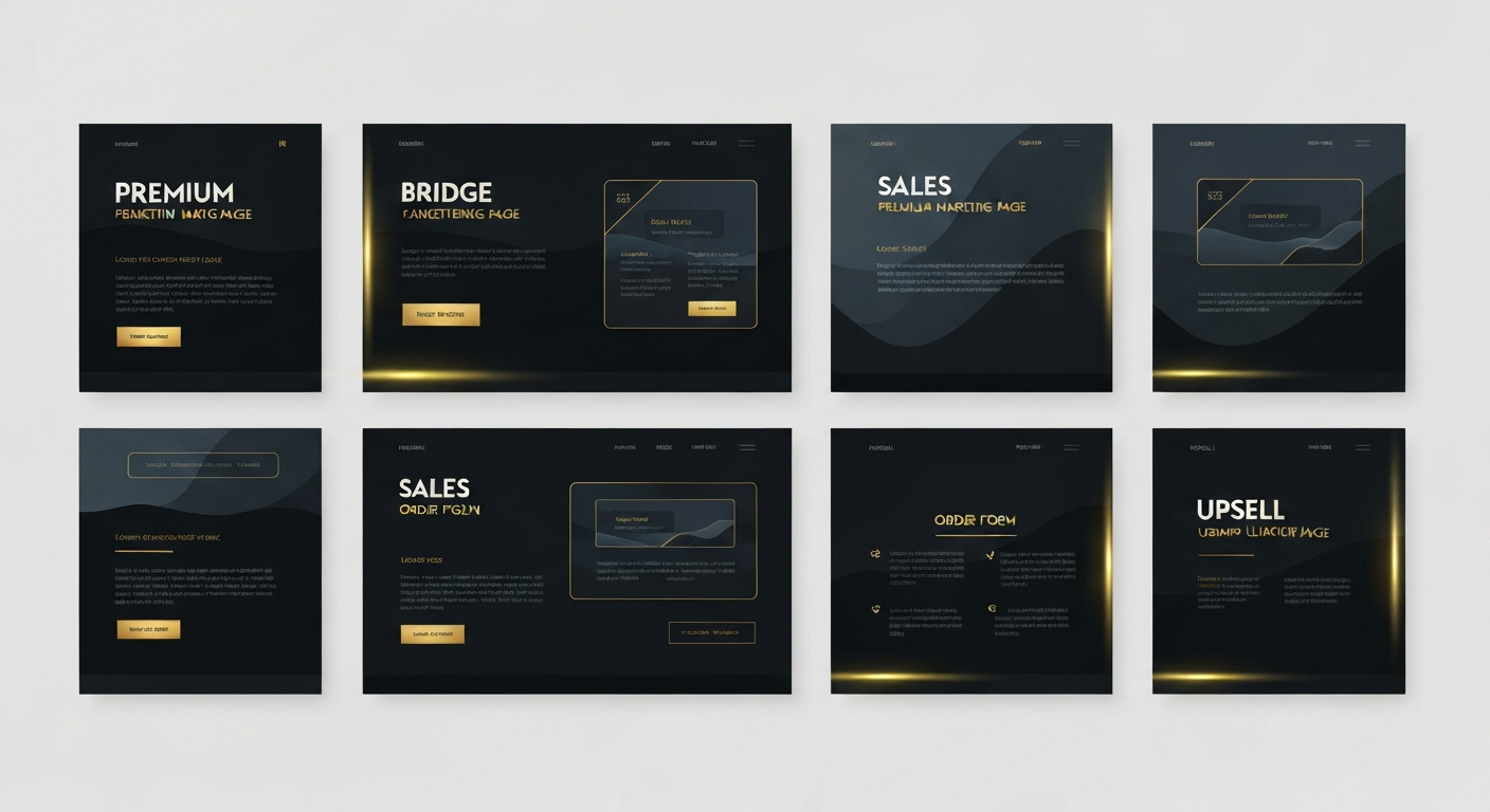 Five-page funnel diagram showing opt-in, bridge, sales, order form, and upsell pages in sequence