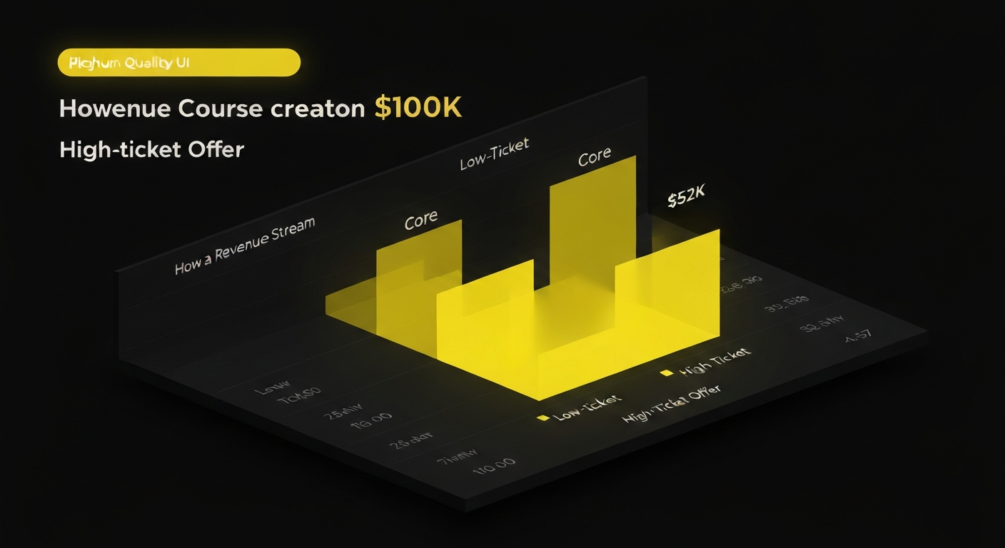 Revenue breakdown chart showing how a course creator reaches $100K through low-ticket, core, and high-ticket offers