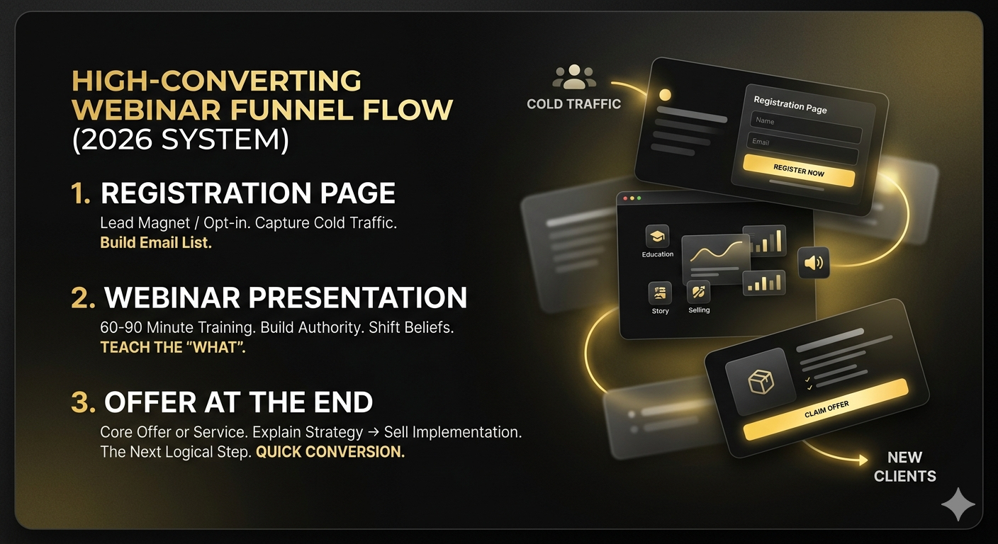 High-converting webinar funnel flow diagram for 2026 system showing registration, presentation, and offer stages
