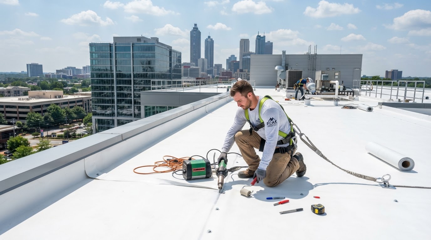 Commercial Roofing Team TPO Flat Roof Commercial Roofing Team installing TPO flat roof membrane