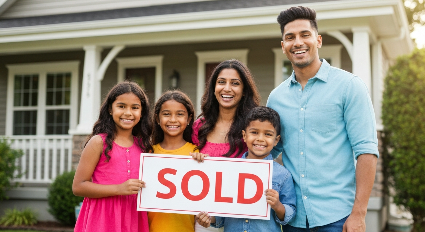 Happy family in front of new home