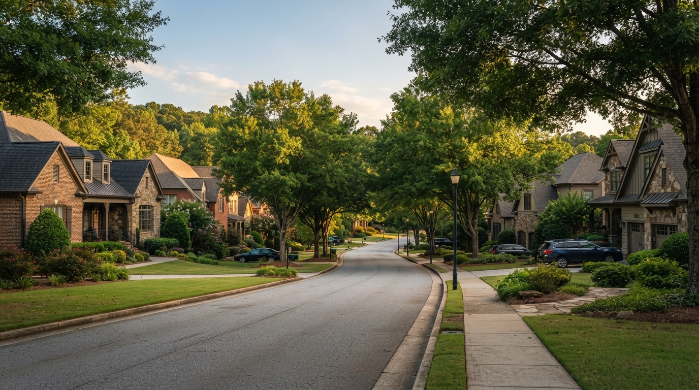 Mulberry Georgia neighborhood streetscape with established tree-lined streets