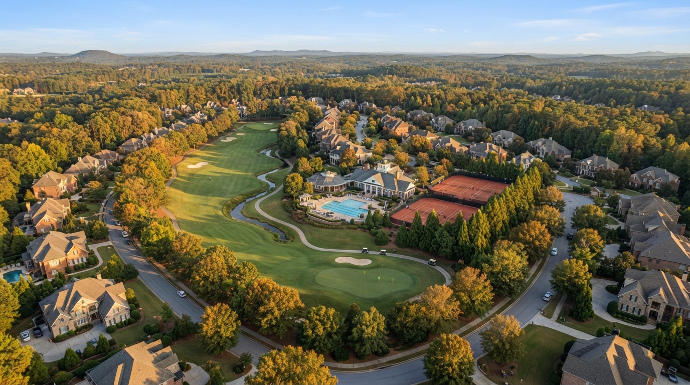 Hamilton Mill golf community in Gwinnett County Georgia with tree-lined fairways and traditional homes